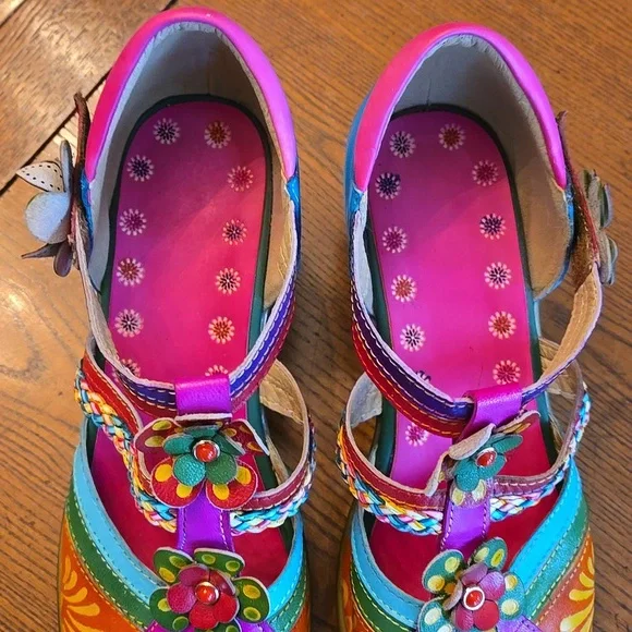 Queen Boho Leather Printing Stitching Mary Jane Style Halloween Heels - Picture 9 of 16